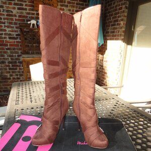 MICHAEL ANTONIO Knee Hi Women's Heel Brown Faux Suede Boots with Buckles Size 7